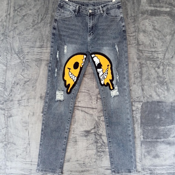 Denim - Jeans Womens 14 Blue Distressed Patchwork Smiley Face Graphic Y2K Streetwear